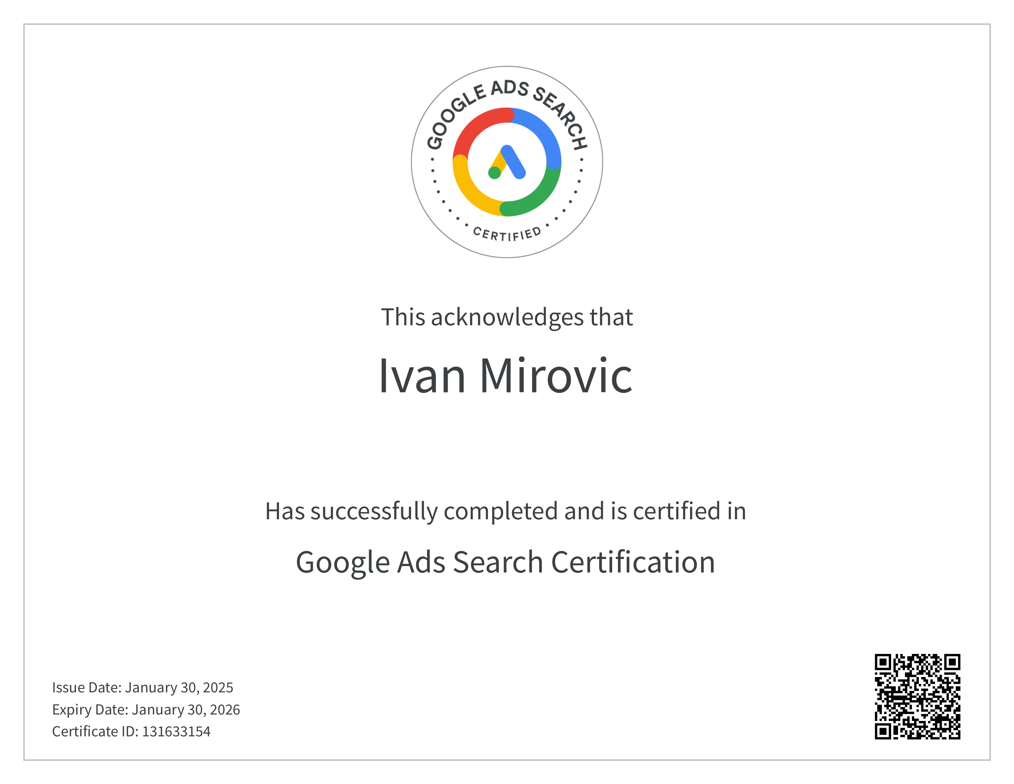 Google Ads Search certifikat — Ivan Mirović